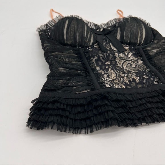 Forever 21 Paris Black Lace Corset Bustier Top S – Ruffle Trim, Zip Back - Picture 3 of 8